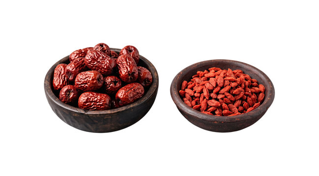 Dried red jujube dates and goji berries in two small bowls isolated on transparent background