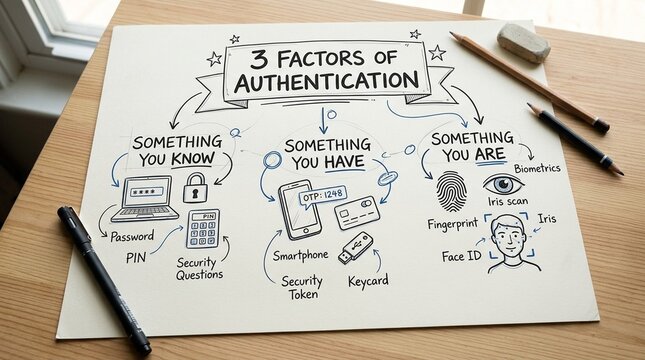 Overhead shot of a hand drawn diagram of three authentication factors on paper in clean light, MFA explained and security education concept