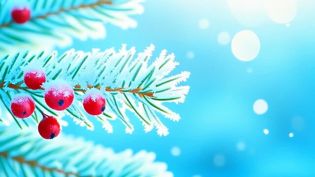 Extreme macro footage of delicate frost crystals covering fresh evergreen pine needles, tiny red winter berries and miniature snowflakes resting naturally on the branches. Soft cool winter daylight