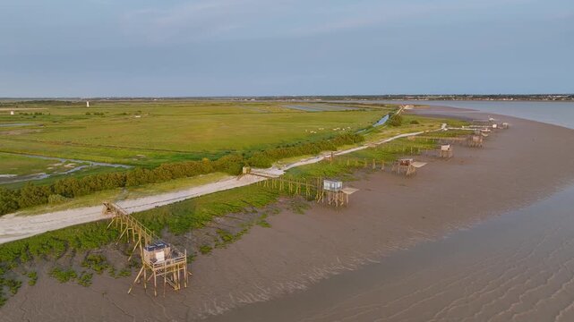 Fishing huts over Marshes and Randonnee entre Histoire et Nature from a drone, Fouras, Fouras-les-Bains, Charente-Maritime, Nouvelle-Aquitaine, France