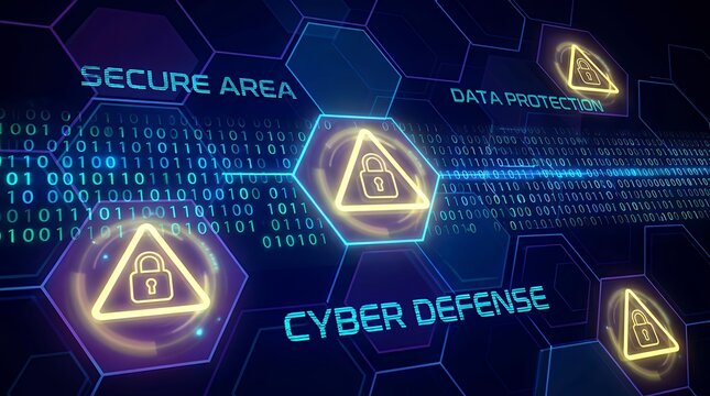 Advanced futuristic cyber security technological background featuring glowing yellow caution signs hexagonal geometric patterns and binary code streams for digital data privacy protection futuristic