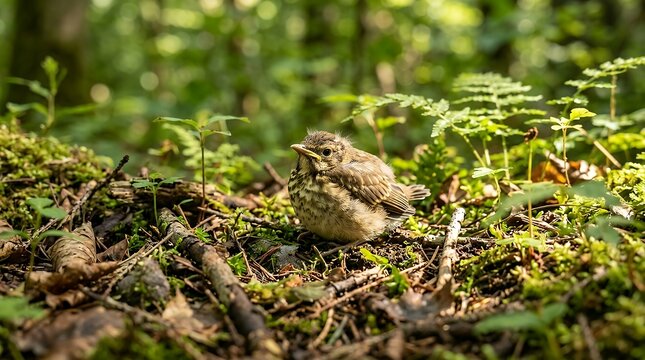 Juvenile wild songbird fledgling perched quietly on ground in lush green woodland forest floor habitat young feather animal resting in natural outdoor environment during bright warm summer season