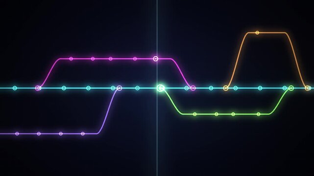 Git-style branching lines in neon colors splitting and merging back together across a dark grid, version control, no text, 4K loop