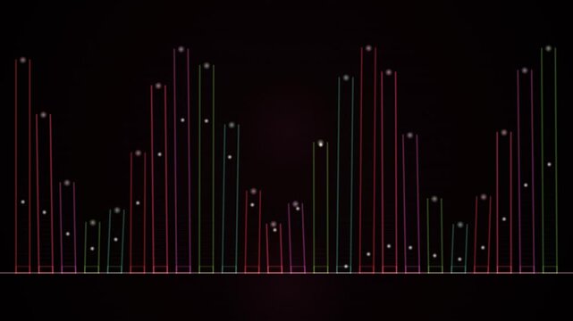 Colorful digital audio equalizer bars pulsing on a black background in a seamless loop.