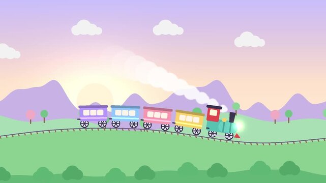 Flat 2D animated train crossing rolling hills with layered parallax scenery and puffing smoke, vector style loop 4K