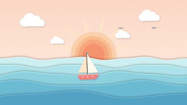 Flat 2D sailboat gently bobbing on layered paper-like waves under a pastel sun and drifting clouds, loop 4K