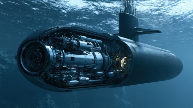 Detailed view of a submarine reactor compartment under the sea, showcasing the advanced technology used for naval propulsion.
