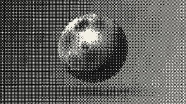 Dithered black-and-white gradient sphere slowly rotating with crisp retro pixel dithering texture, seamless loop 4K