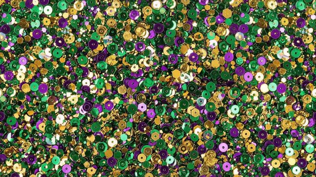 Mardi Gras background with colorful green, purple and gold sequins and confetti. Festive party texture for carnival celebration, holiday decoration and celebratory motion design