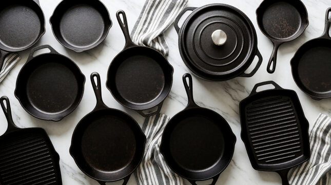 Top view of various black cast iron pans, cookware on marble surface. Assorted frying pans, griddle, large dutch oven arranged with striped kitchen towels. Professional culinary equipment set for