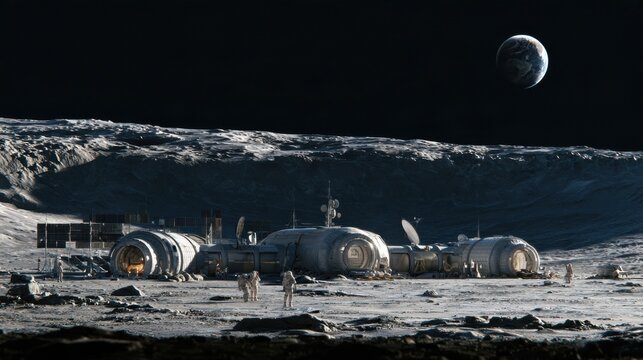 Astronauts in spacesuits work outside modular inflatable habitat structures at a lunar base camp. Earth is visible in the sky.