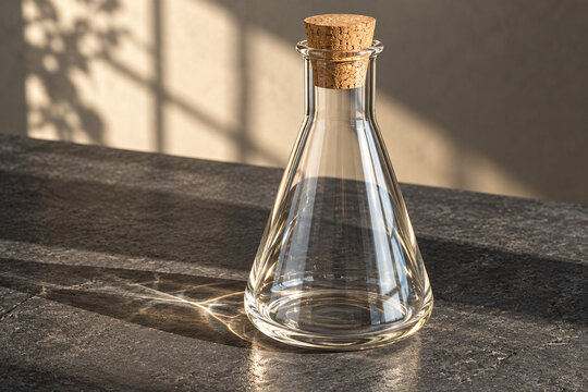 Clear Erlenmeyer Glass Flask with Natural Cork Stopper on Dark Slate Surface