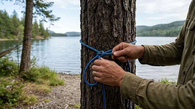 Rope Tying Through Tree Near Lake Shore
