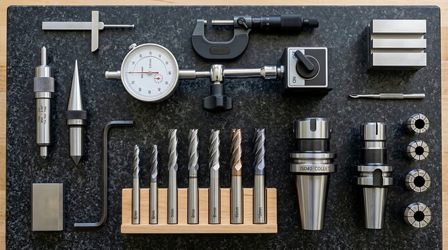 Precise Metalworking Tools and Drill Bits on Granite Workbench