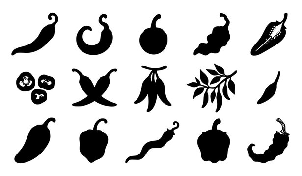 Hot Chili Pepper Silhouette Icon Set with Spicy Pepper Varieties and Botanical Elements