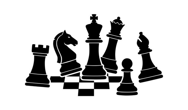 Black Chess Pieces Silhouette Collection with Chessboard &ndash; Strategy Game Vector Illustration