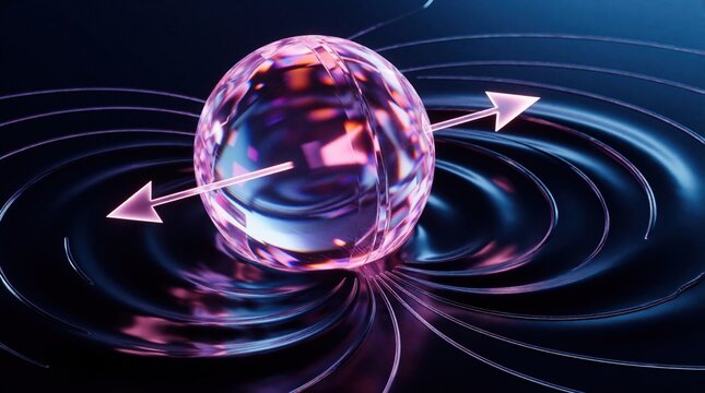 Abstract spintronics concept shows glowing pink arrow rotating around glass sphere. Magnetic field lines create wavy circular patterns on dark liquid surface. Modern tech visualization represents