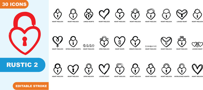 Thirty rustic heart padlock vector icons featuring various heart shaped locks and linked designs with editable strokes isolated on white background for security and love themes