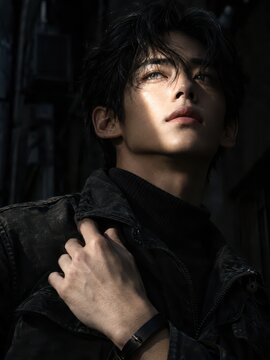 Young man with dark hair posing in dramatic light