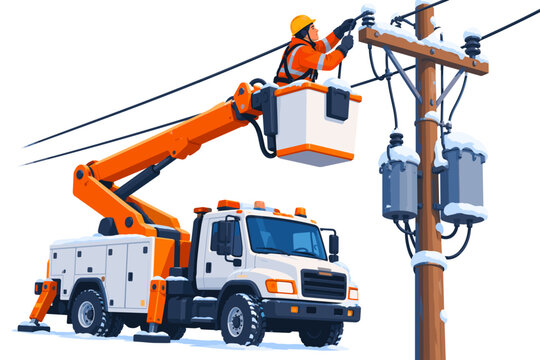 Utility worker repairs power lines from a bucket truck in a snowy work area