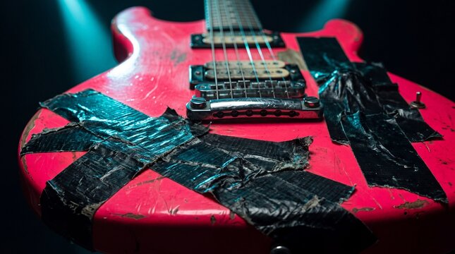 Close-up shot of a distressed and vibrant neon pink electric guitar body featuring heavy black duct tape repairs and a rugged punk rock aesthetic under dramatic stage lighting for music concepts.