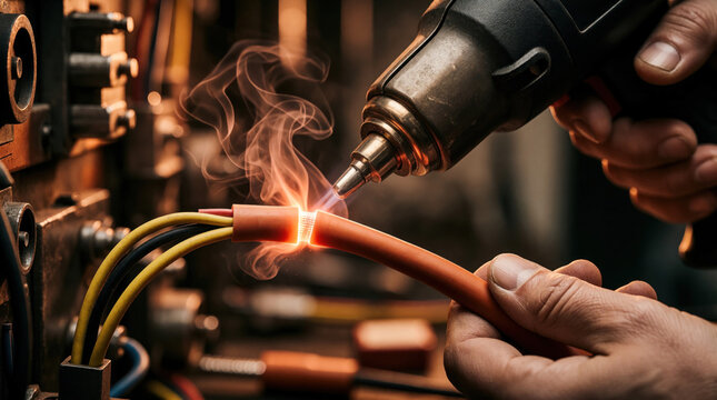 Electrician uses heat gun to shrink tubing on orange electrical wire. Technician applies thermal insulation for cable protection in workshop. Pro worker performs repair work with hot air tool to