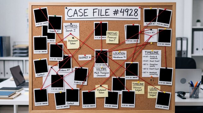 Detailed detective investigation board on a corkboard featuring a complex crime case file with red string connecting redacted photos, witness statements, motive notes, and suspect evidence.