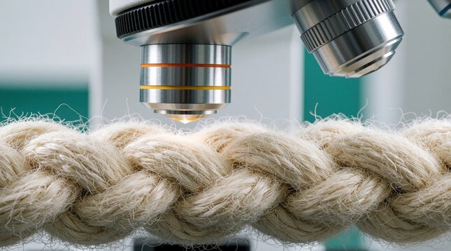 Microscopic view of natural plant fibers in thick braided rope. Close up shows texture, structure of eco material under lab microscope. Scientist studies cellulose quality, durability of organic