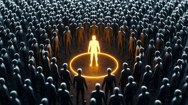 Conceptual illustration of a unique glowing human figure standing inside a bright circle amidst a massive crowd of dark silhouettes, symbolizing leadership, individuality, and inspiration.