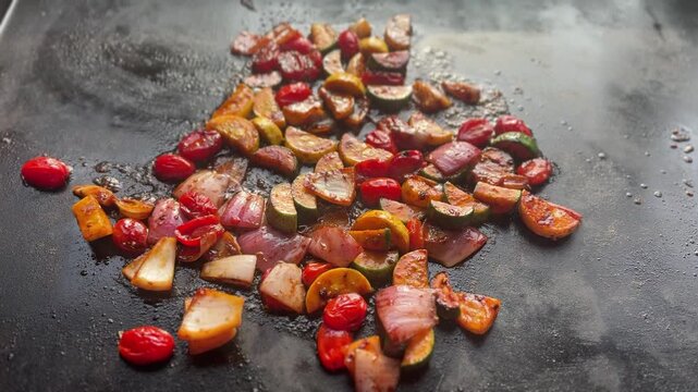 Sliced vegetables cook on a hot flat grill during food preparation