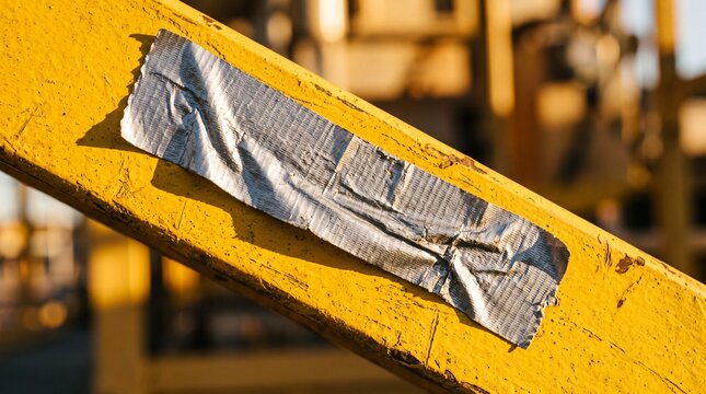 Macro Close-up of Crinkled Silver Duct Tape Applied on a Yellow Industrial Metal Beam, Representing Temporary Repair, Maintenance, and Construction Site Fixes in Golden Hour Light