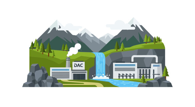 Clean Energy DAC Plant and Hydroelectric Station in Mountain Landscape Vector Illustration