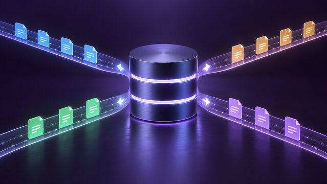 Multiple glowing neon document files streaming into a central database server representing digital data backup and centralized information storage.
