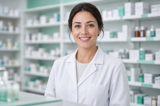 Pharmacienne souriante derri&egrave;re le comptoir d'une pharmacie moderne symbolise la sant&eacute;, les conseils et la confiance