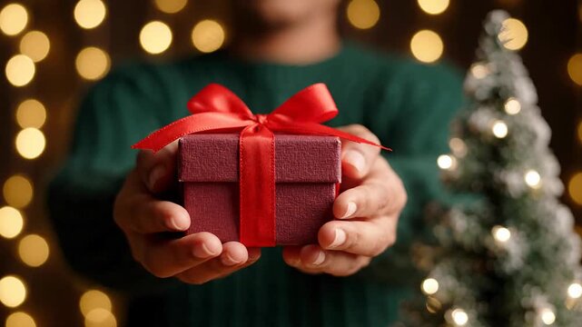 Man hands holding small red gift box near snowy tree with bokeh lights