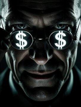 Close up portrait of sinister man wearing round glasses with glowing dollar signs. Greedy businessman with evil smile represents corruption, wealth, capitalism. Dark concept of financial fraud,