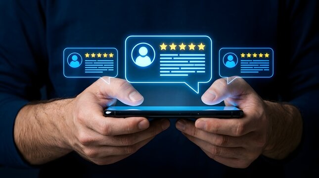Man Hands Holding Smartphone with Glowing Five Star Customer Review and Feedback Hologram Icons Displaying Online Rating, Social Media Testimonials, and User Experience for Business Reputation