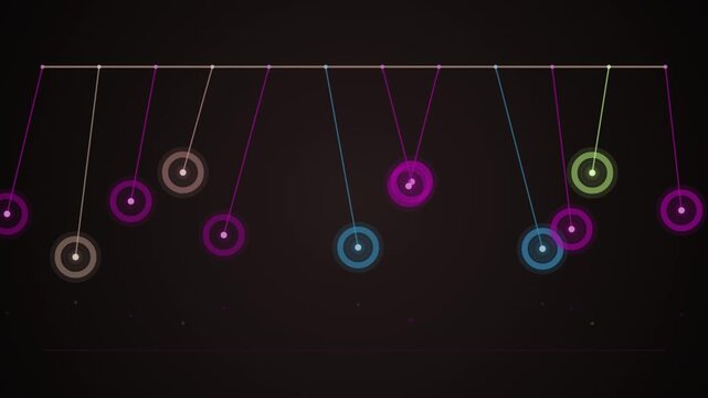 Colorful newtons cradle balls swing in a stylized loop animation against a dark background.