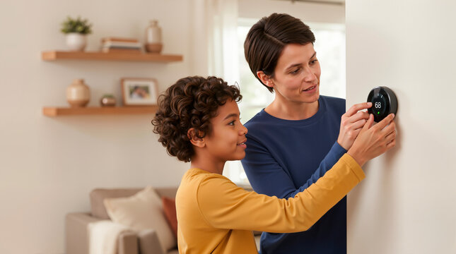 Mother and son adjusting a smart thermostat on the wall. Family controlling home temperature and energy efficiency. Modern living room interior