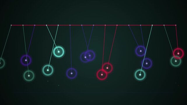 Colorful abstract pendulums swing in a seamless loop against a dark background.