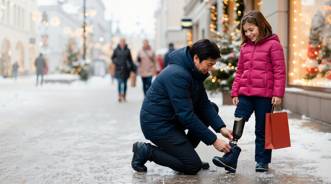 Father kneeling to adjust winter boot on his daughter's prosthetic leg. Smiling girl with shopping bag on snowy city street. Family holiday shopping and disability inclusion concept