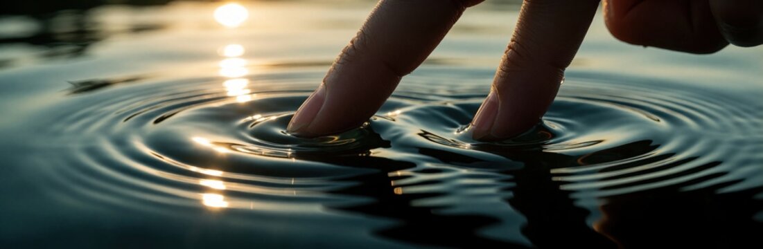 Human fingers touch calm water surface creating circular ripples. Close up view of hand touching liquid during sunset. Peaceful moment of zen, meditation, nature connection. Golden sunlight reflects