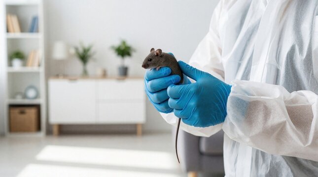 Pro pest control technician in white protective suit, blue gloves holds small grey mouse. Expert finds rodent infestation in modern home interior. Specialist performs vermin removal service to ensure