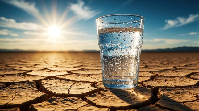 Glass of cold water with condensation sits on cracked dry desert earth. Clear liquid in glass stands against bright sun, blue sky. Concept of water shortage, drought, global warming, thirst in hot