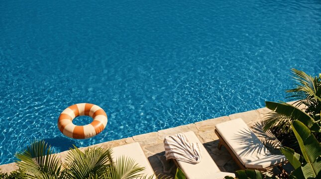 Striped inflatable swim ring floating on crystal blue swimming pool water by stone poolside with sun loungers and tropical plants