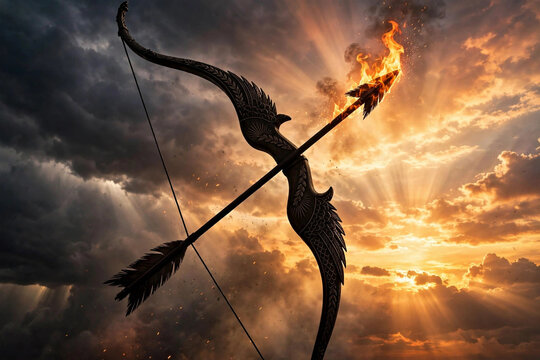 Symbolic bow with flaming arrow aimed at dramatic sunset sky representing victory of good over evil