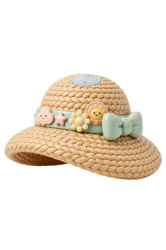 Child's Summer Hat Adorned with Cute Charms: A charming straw hat designed for children, featuring a light blue ribbon with adorable sea-themed charms like a star and a seashell.
