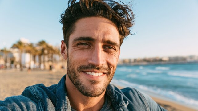 close-up shot of a good-looking male tourist. Enjoy free time outdoors near the city. Looking at the camera while relaxing on a clear day Poses for travel selfies smiling happy tropical