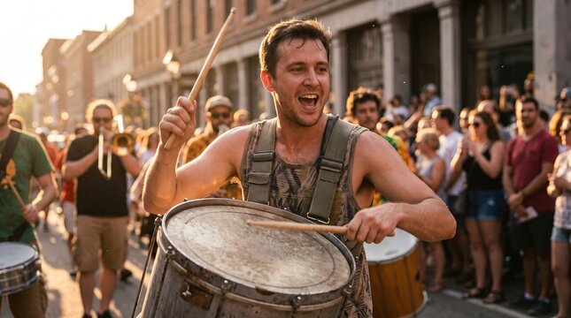 Joyful male drummer playing a marching drum in a vibrant street festival parade with crowd and musicians in golden sunlight