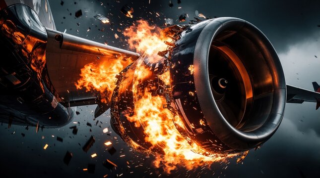 Large jet engine explodes with massive flames, fire during flight. Aircraft turbine malfunctions causing dramatic aviation accident in dark sky. Burning metal debris flies around broken engine wing.
